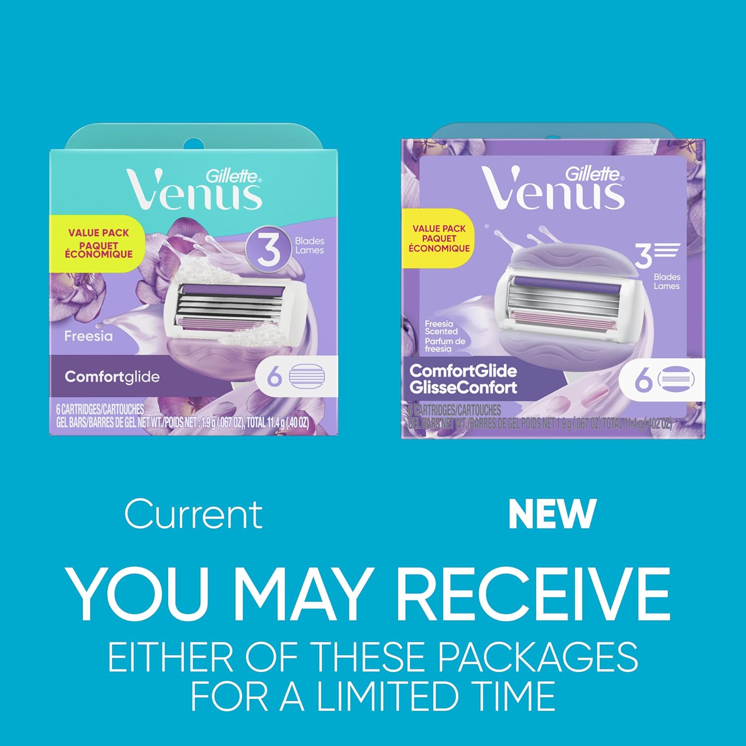 Gillette Venus ComfortGlide Freesia Women's Razor Refills, 6 Refill Cartridges, Fits Venus Reusable Razor Handles, 3-Bladed with Built-in Shave Gel Bars White 6 Count (Pack of 1)