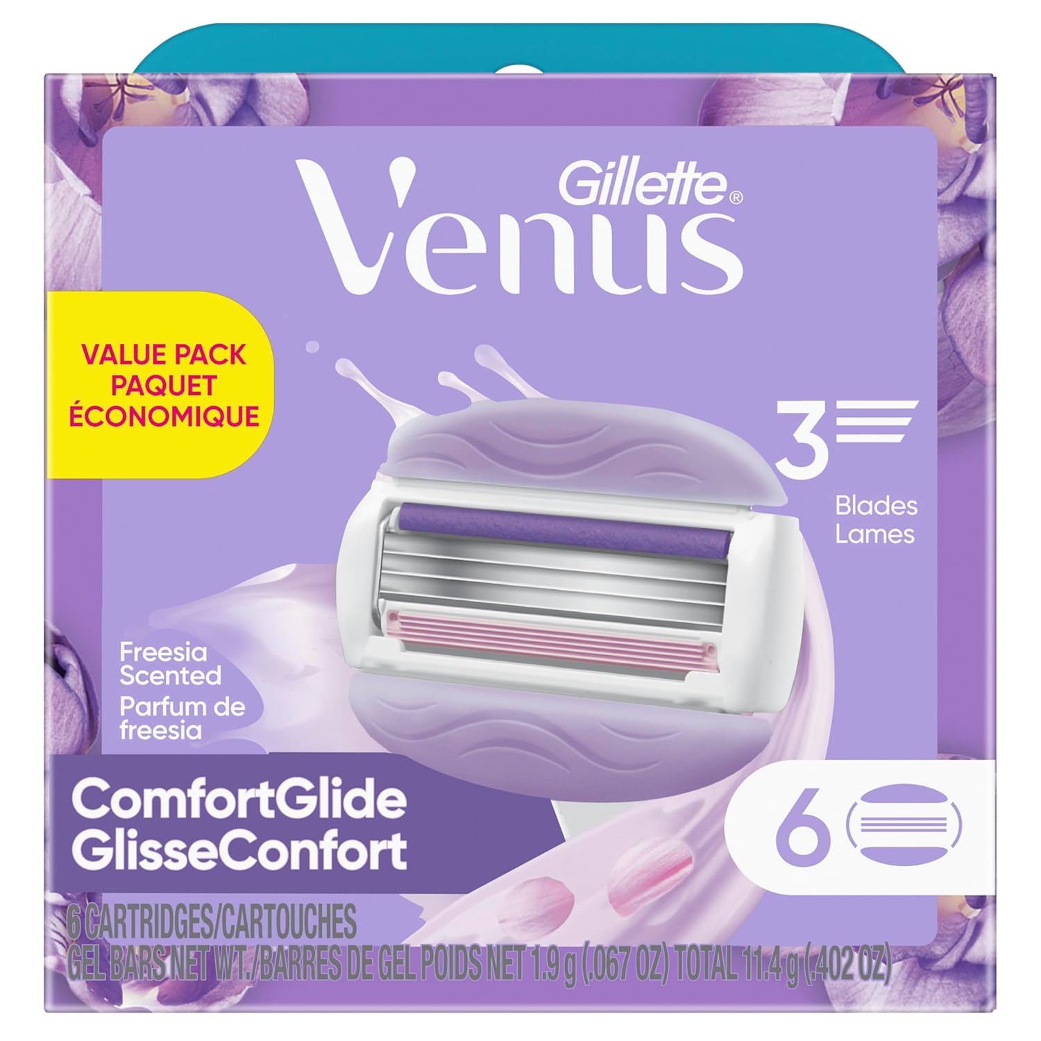 Gillette Venus ComfortGlide Freesia Women's Razor Refills, 6 Refill Cartridges, Fits Venus Reusable Razor Handles, 3-Bladed with Built-in Shave Gel Bars White 6 Count (Pack of 1)