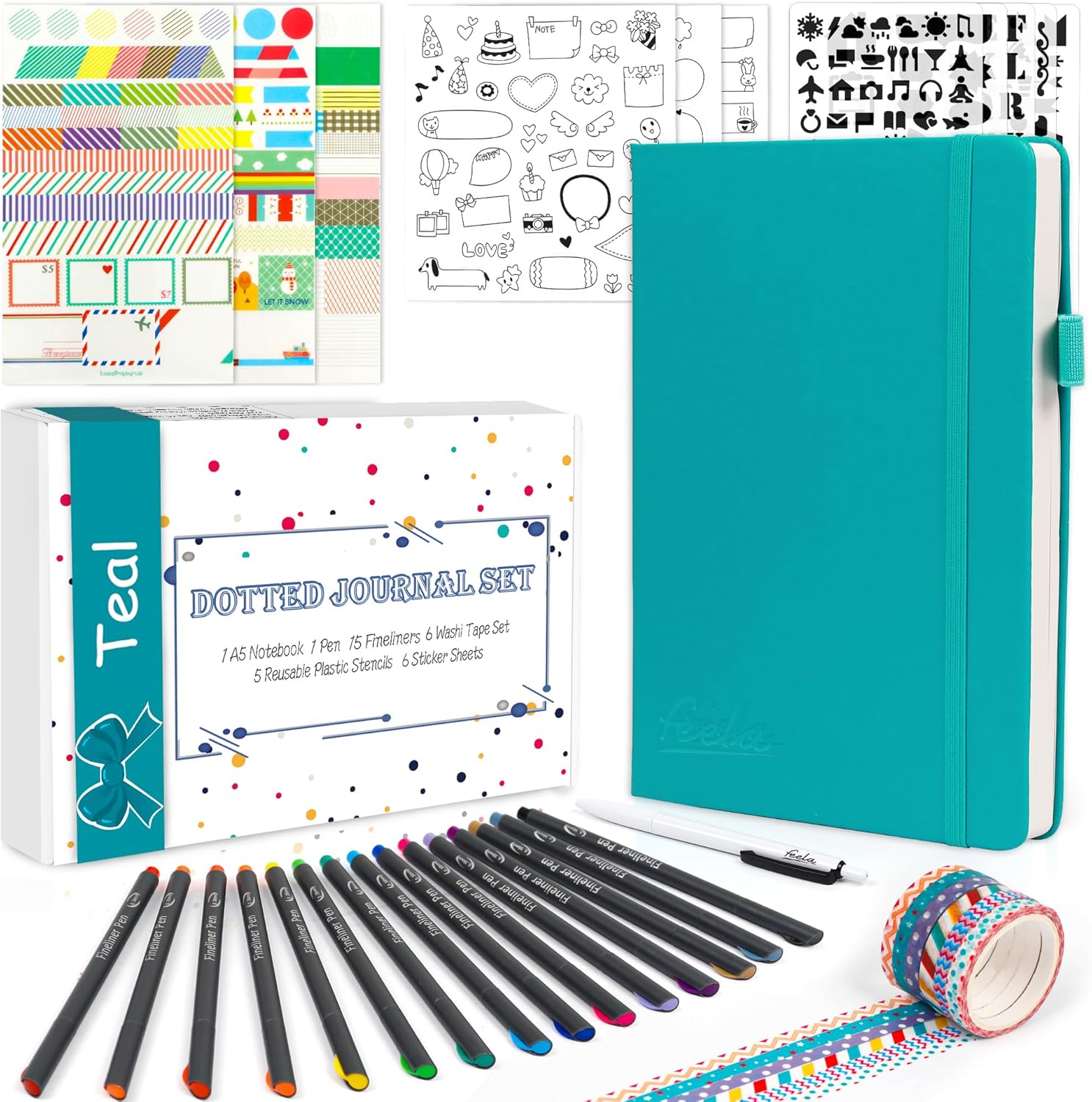 feela Dotted Journal Kit, Dot Grid Journal Hardcover Planner Notebook Set For Beginners Women Girls Note Taking with Journaling Supplies Stencils Stickers Pens Accessories, A5, 224 Pages, Teal