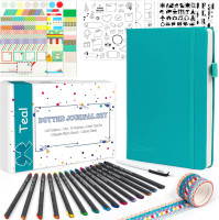 feela Dotted Journal Kit, Dot Grid Journal Hardcover Planner Notebook Set For Beginners Women Girls Note Taking with Journaling Supplies Stencils Stickers Pens Accessories, A5, 224 Pages, Teal