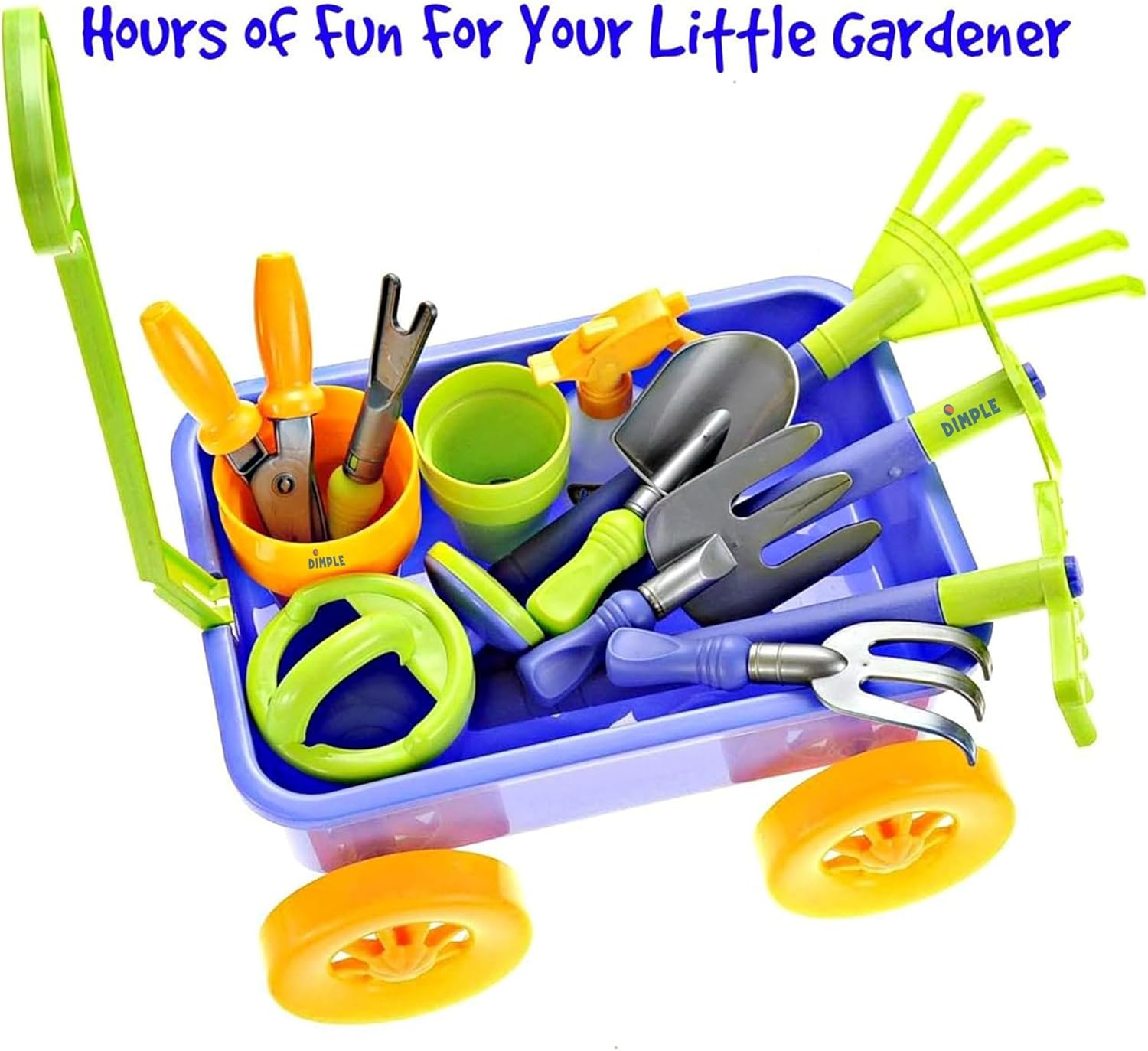 Dimple Garden Wagon & Tools Toy Set, Kids Gardening Set - 15 Pcs Outdoor Toys for Toddlers 1-3, Sand Toys - Sturdy & Durable - Top Yd, Beach, Sand, Garden Play Set for Kids & Toddler Gardening Tools Blue