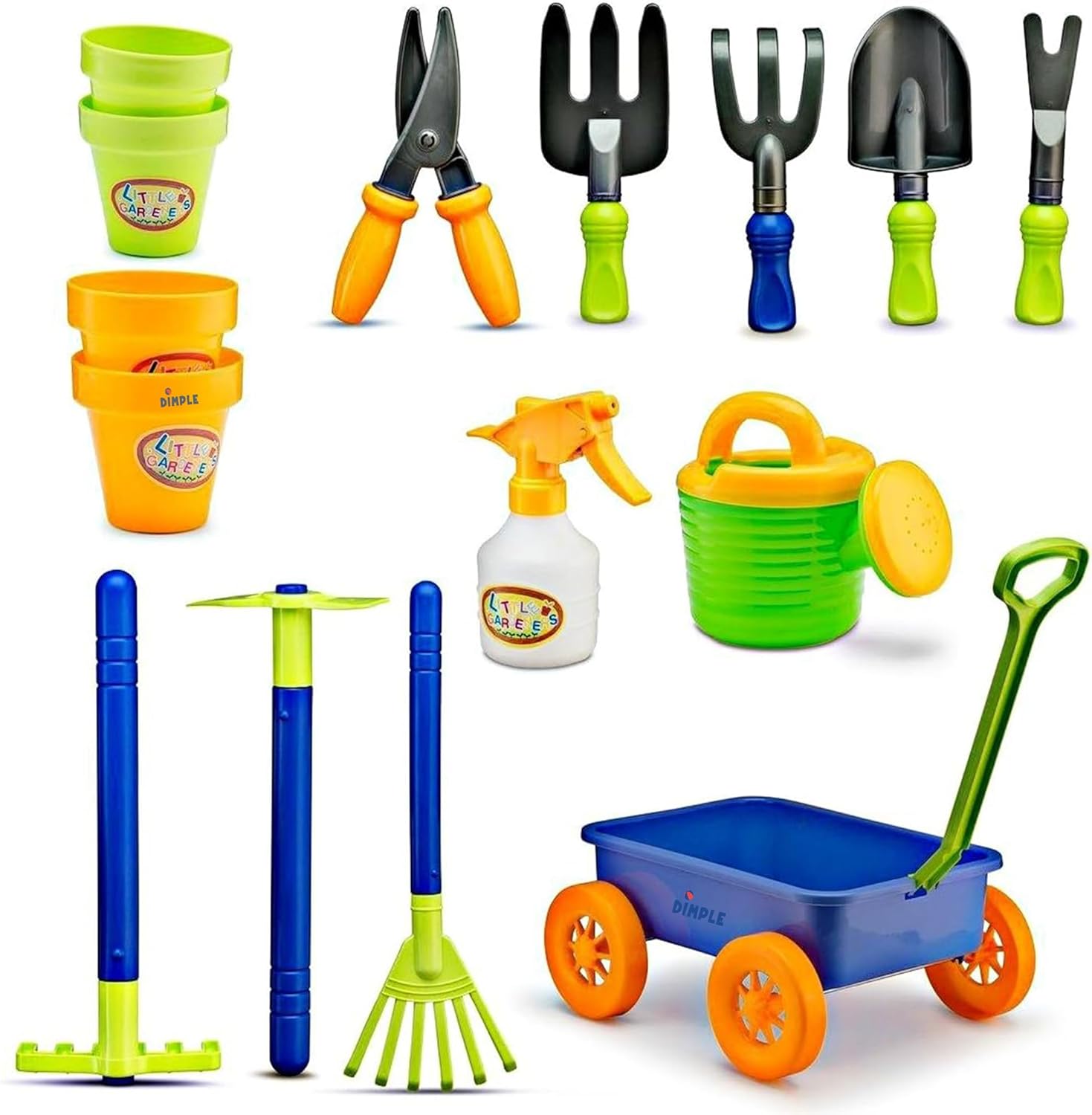 Dimple Garden Wagon & Tools Toy Set, Kids Gardening Set - 15 Pcs Outdoor Toys for Toddlers 1-3, Sand Toys - Sturdy & Durable - Top Yd, Beach, Sand, Garden Play Set for Kids & Toddler Gardening Tools Blue