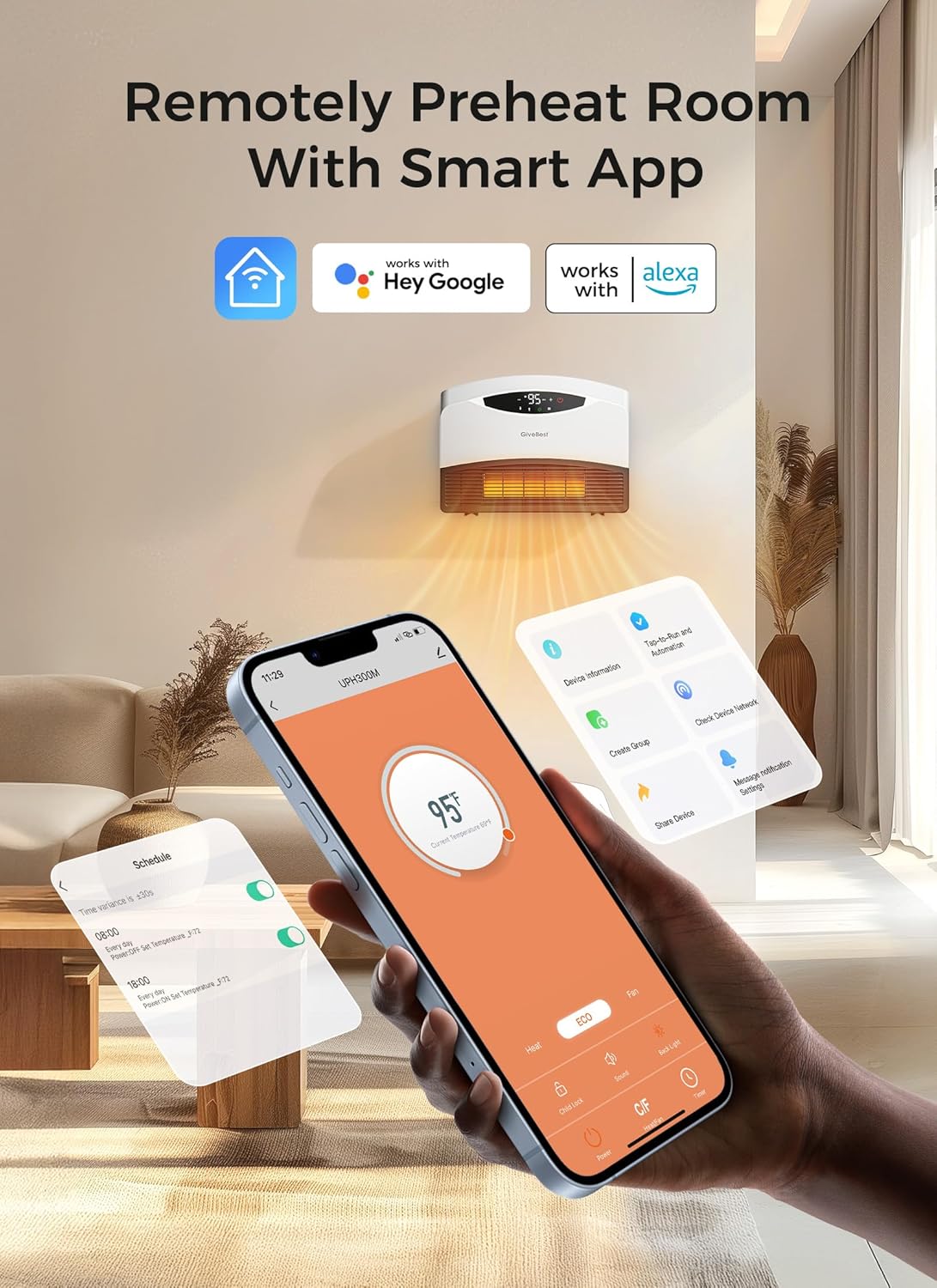 GiveBest Electric Wall Heater with WiFi and Remote Control, Floor or Wall Mounted Heater, Large Room Coverage, 3 Heating Modes, 1500W Fast Heating Space with Thermostat for Indoor Room Use, White Standard Plug White