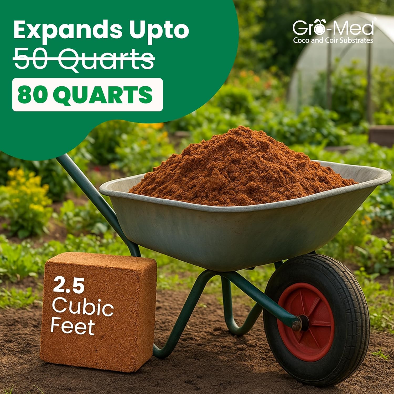 Gro-Med Coco Coir Brick 10 lbs – Expands to 80 Quarts – NPK Enriched Organic Coconut Coir – Potting Soil for Indoor Outdoor Plants, Seed Starter, Vegetables, Mushrooms, Gardening Use 1 Pack - NPK Enriched Coco Coir Block