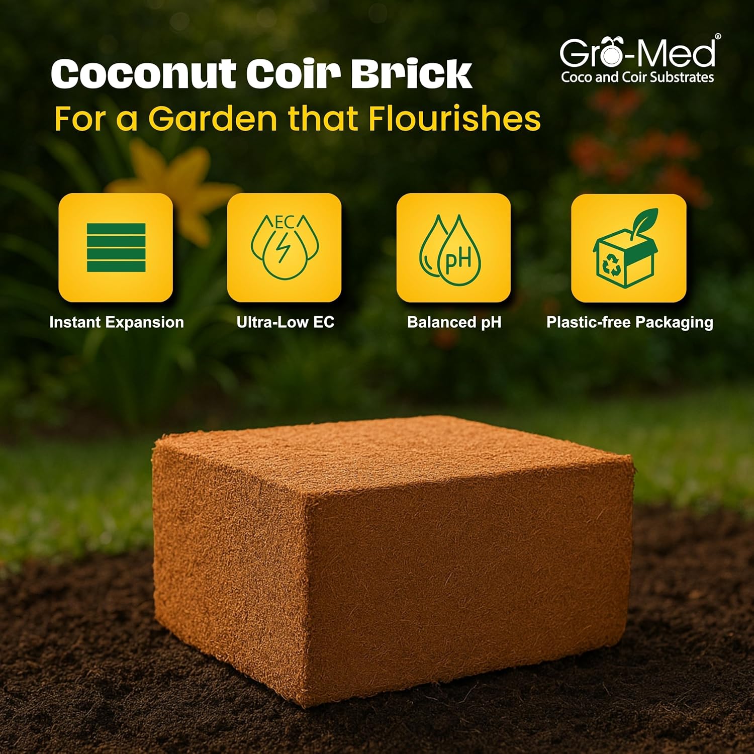 Gro-Med Coco Coir Brick 10 lbs – Expands to 80 Quarts – NPK Enriched Organic Coconut Coir – Potting Soil for Indoor Outdoor Plants, Seed Starter, Vegetables, Mushrooms, Gardening Use 1 Pack - NPK Enriched Coco Coir Block