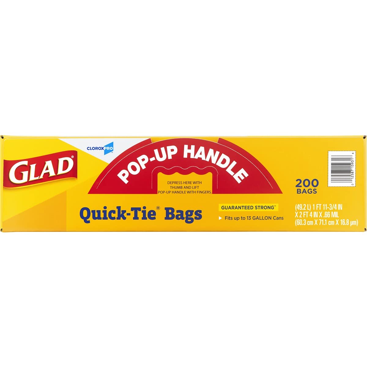 Glad CloroxPro Quick-Tie Tall Kitchen Trash Bags, 13 Gallon, 200 Count, Package May Vary