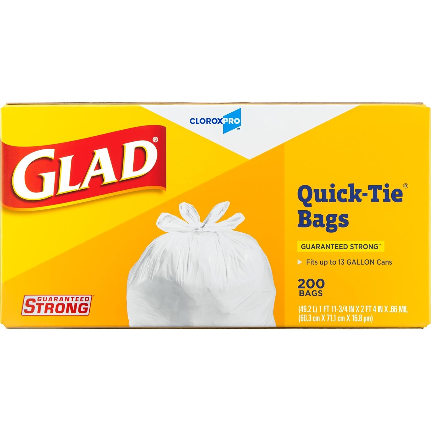 Glad CloroxPro Quick-Tie Tall Kitchen Trash Bags, 13 Gallon, 200 Count, Package May Vary