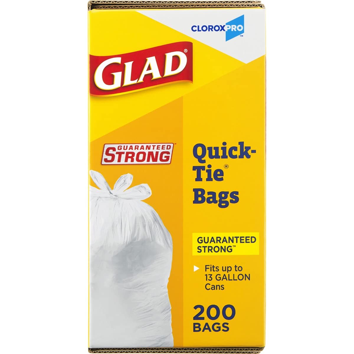 Glad CloroxPro Quick-Tie Tall Kitchen Trash Bags, 13 Gallon, 200 Count, Package May Vary