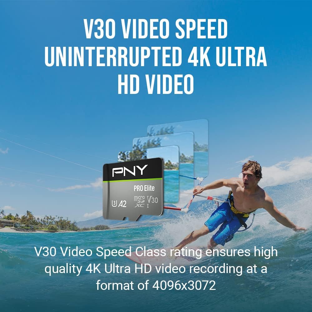 PNY P-SDUX512U3100PRO-GE 512GB PRO Elite Class 10 U3 V30 microSDXC Flash Memory Card - 100MB/s, Class 10, U3, V30, A2, 4K UHD, Full HD, UHS-I, Micro SD