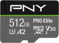 PNY P-SDUX512U3100PRO-GE 512GB PRO Elite Class 10 U3 V30 microSDXC Flash Memory Card - 100MB/s, Class 10, U3, V30, A2, 4K UHD, Full HD, UHS-I, Micro SD