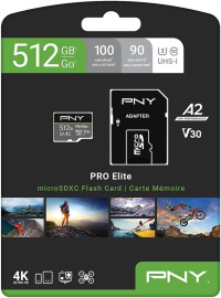 PNY P-SDUX512U3100PRO-GE 512GB PRO Elite Class 10 U3 V30 microSDXC Flash Memory Card - 100MB/s, Class 10, U3, V30, A2, 4K UHD, Full HD, UHS-I, Micro SD