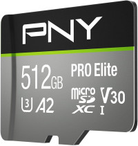 PNY P-SDUX512U3100PRO-GE 512GB PRO Elite Class 10 U3 V30 microSDXC Flash Memory Card - 100MB/s, Class 10, U3, V30, A2, 4K UHD, Full HD, UHS-I, Micro SD