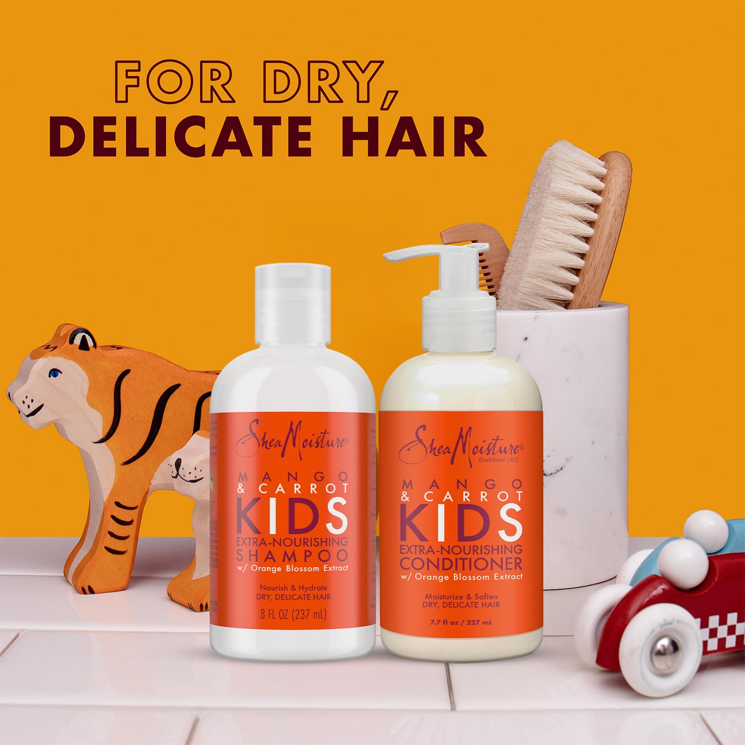 SheaMoisture Kids Mango & Carrot Shampoo and Conditioner Set w/Orange Blossom Extract + Coconut & Hibiscus Extra-Moisturizing Detangler Spray, Anti-Frizz Hair Products for Kids