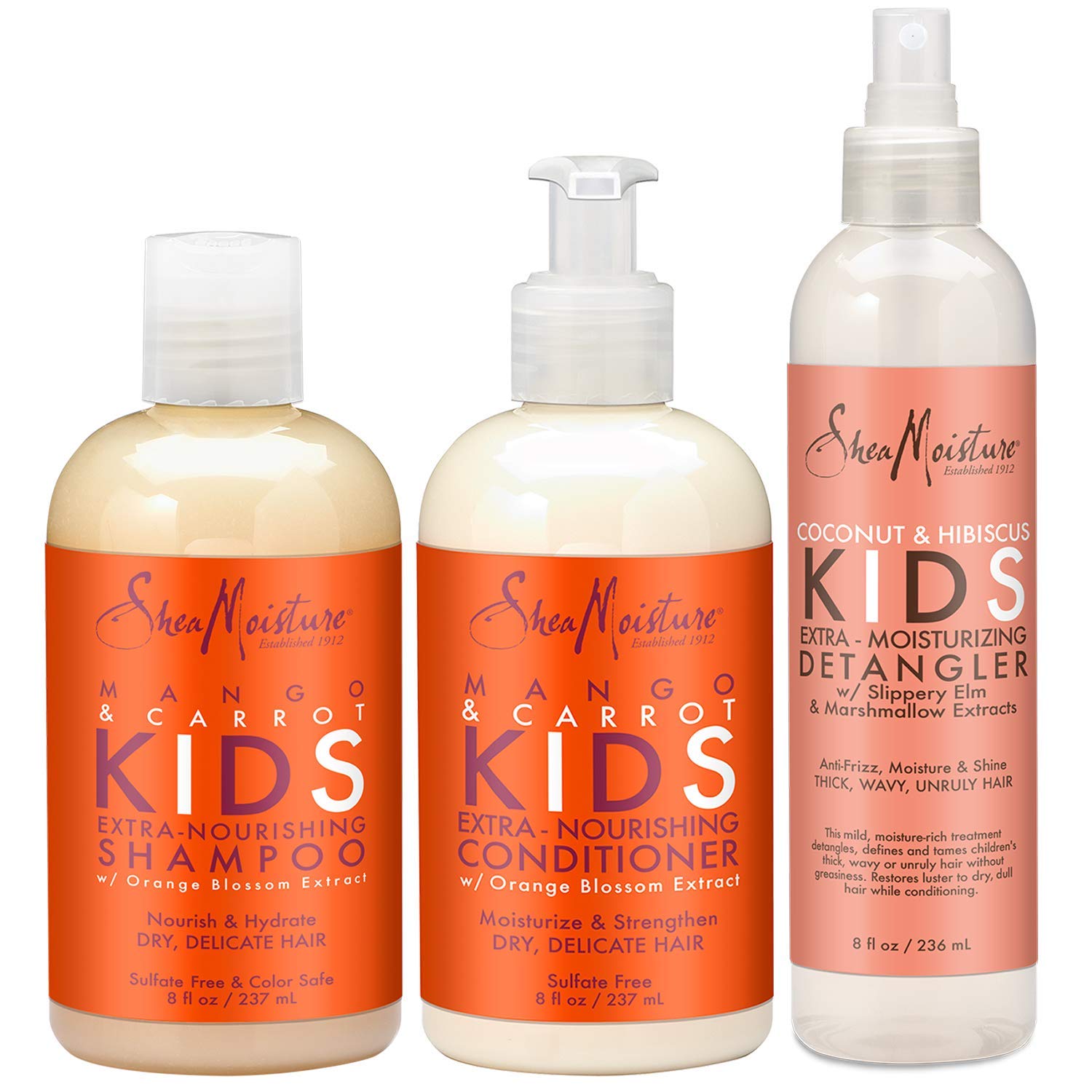 SheaMoisture KIDS Shampoo and Conditioner Set, Extra-Nourishing Mango & Carrot + Coconut & Hibiscus Detangler Spray for KIDS, 8 Fl Oz (3 Piece Set)