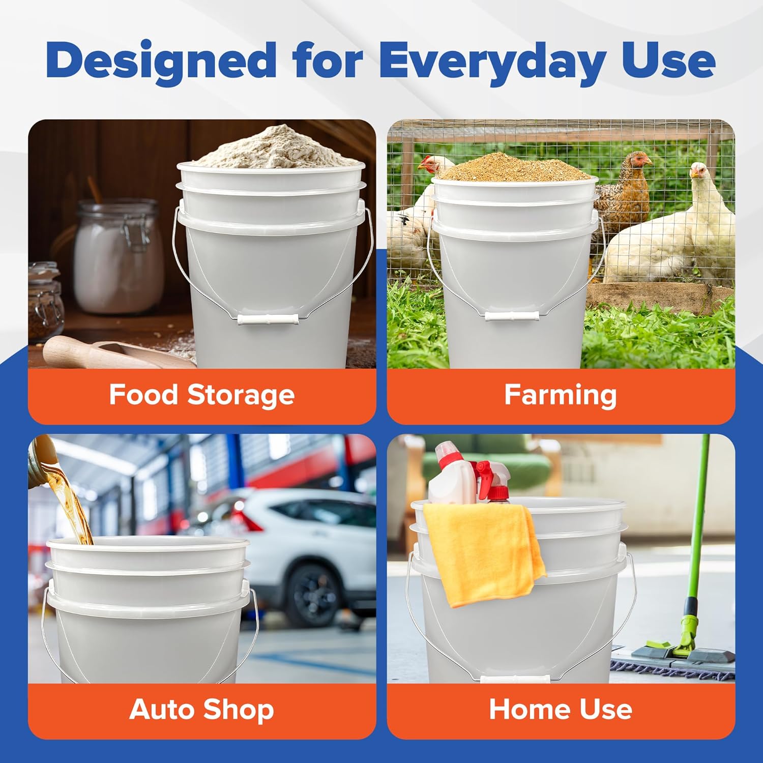 ePackageSupply White 5-Gallon Bucket with Lid | Made in USA | Food Grade | Heavy-Duty Extra Durable Plastic Bucket | Multi-Use Food Grade Buckets with Lids | Easy Stack and Store | BPA Free | 6 Pack White 6 Packs