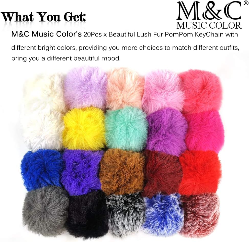 M&C Music Color 20 Pcs Faux Fur Ball Pom Poms Keychains for Handbag Purse Fluffy Ball