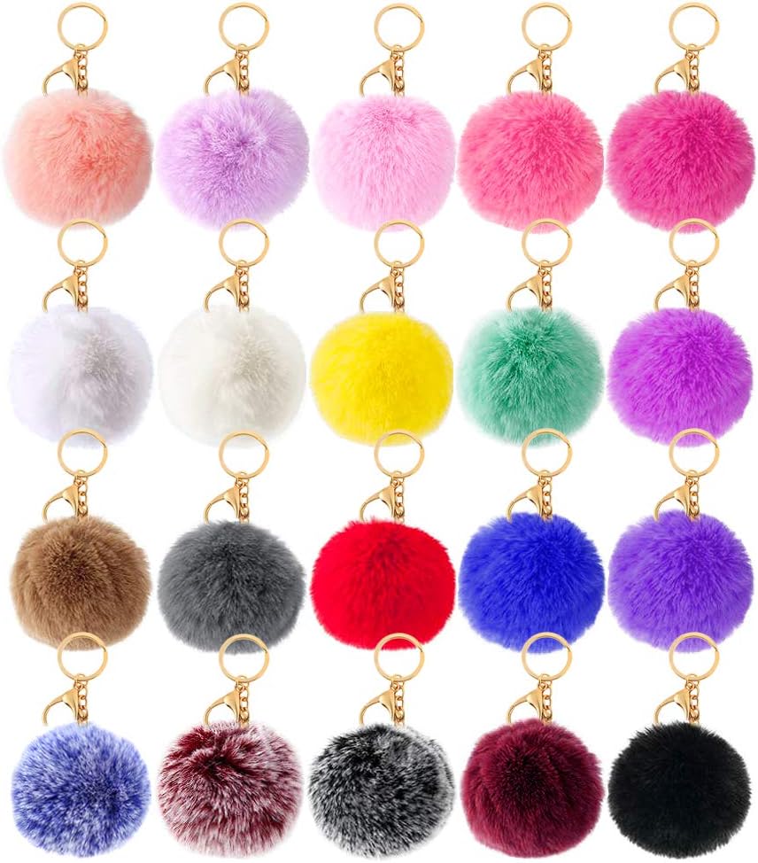M&C Music Color 20 Pcs Faux Fur Ball Pom Poms Keychains for Handbag Purse Fluffy Ball