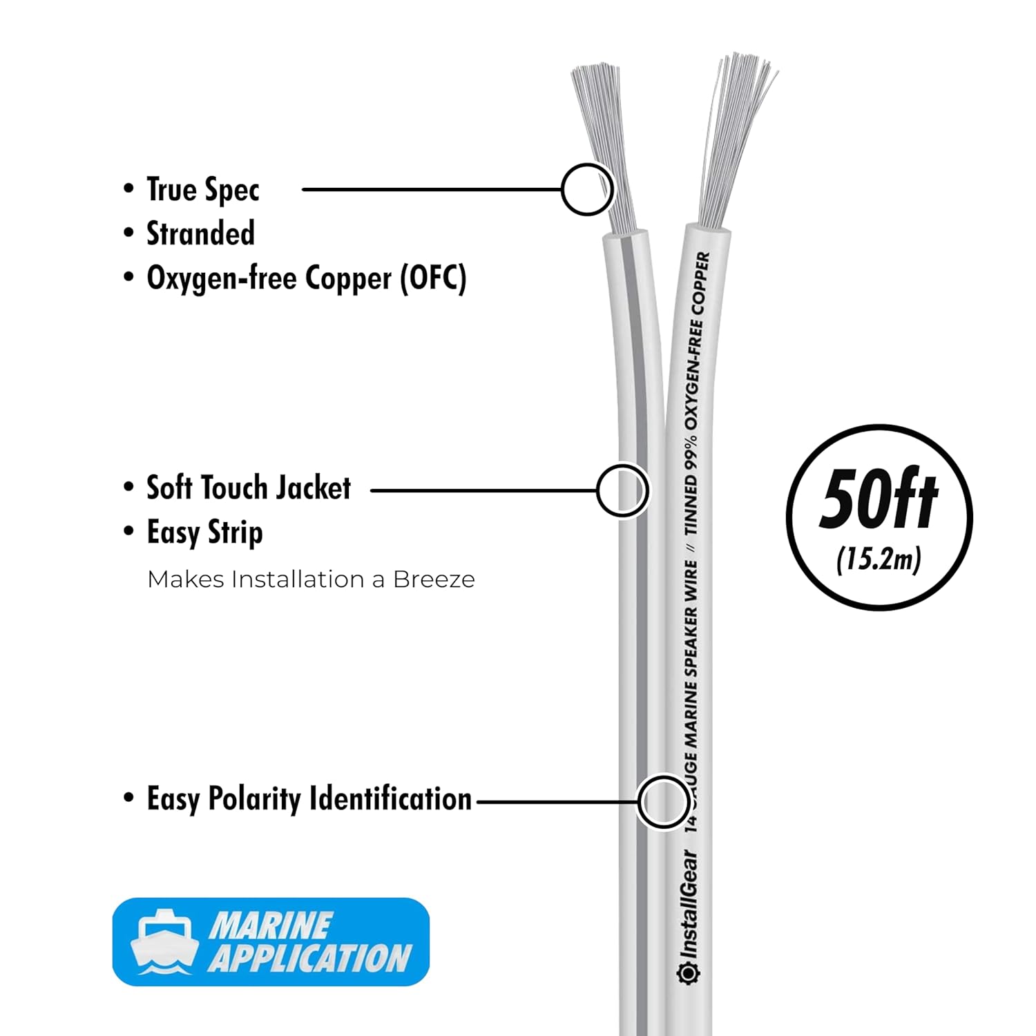 InstallGear 14 Gauge Tinned OFC Heavy Duty Boat Marine Speaker Wire, 50 feet | White Speaker Cable | OFC Speaker Wire 14 Gauge | Marine Wire 14 Gauge Wire for Outdoor, Automotive, and Marine 50 Feet 14 Gauge