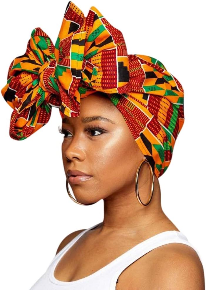 Ankara African Print Soft Headwraps Headband Long Hair Head Wrap Scarf Turban Tie Jersey Knit African head wraps 1. Kente Cloth Green, Black and Orange