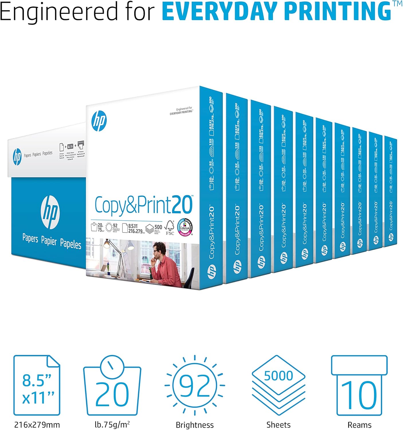 HP Printer Paper | 8.5 x 11 Paper | Copy &Print 20 lb | 10 Ream Case - 5,000 Sheets | 92 Bright | FSC Certified | 200060C 10 Pack | 5000 Sheets Standard Size (8.5x11)