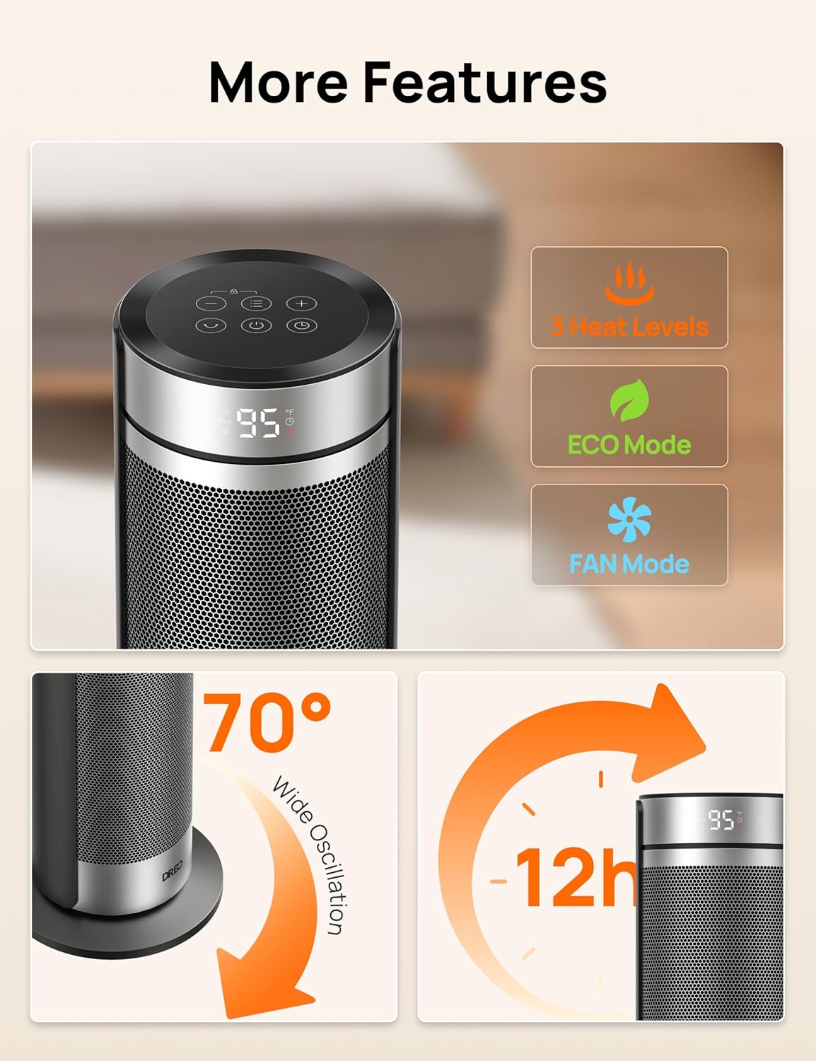 DREO Space Heater for Large Room, 23 Inch Electric Heaters for Indoor Use, 8 Safe Protection Tower, 70° Oscillation, PTC Ceramic with Thermostat and Remote, Quiet, 12H Timer, Bedroom, Office Silver 23inch