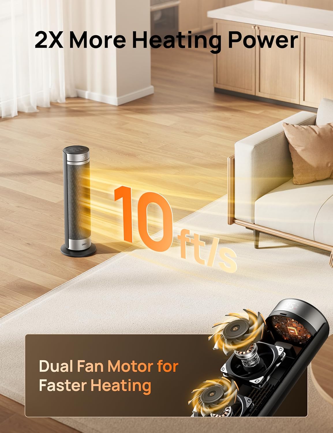 DREO Space Heater for Large Room, 23 Inch Electric Heaters for Indoor Use, 8 Safe Protection Tower, 70° Oscillation, PTC Ceramic with Thermostat and Remote, Quiet, 12H Timer, Bedroom, Office Silver 23inch