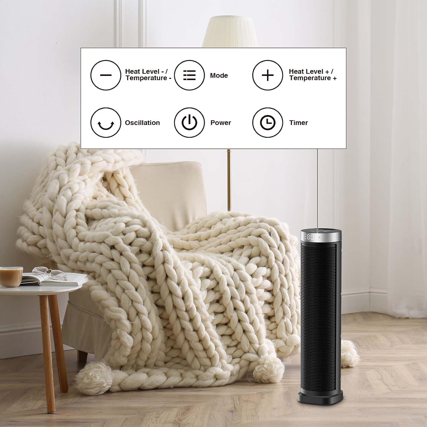 Space Heater for Indoor Use with Remote - 70° Oscillating Tower Electric Heater, 24 Inchs, 12H Timer, 1500W Quiet PTC Ceramic Heating with Thermostat, Fast Safety Heat for Office, Home, Bedroom