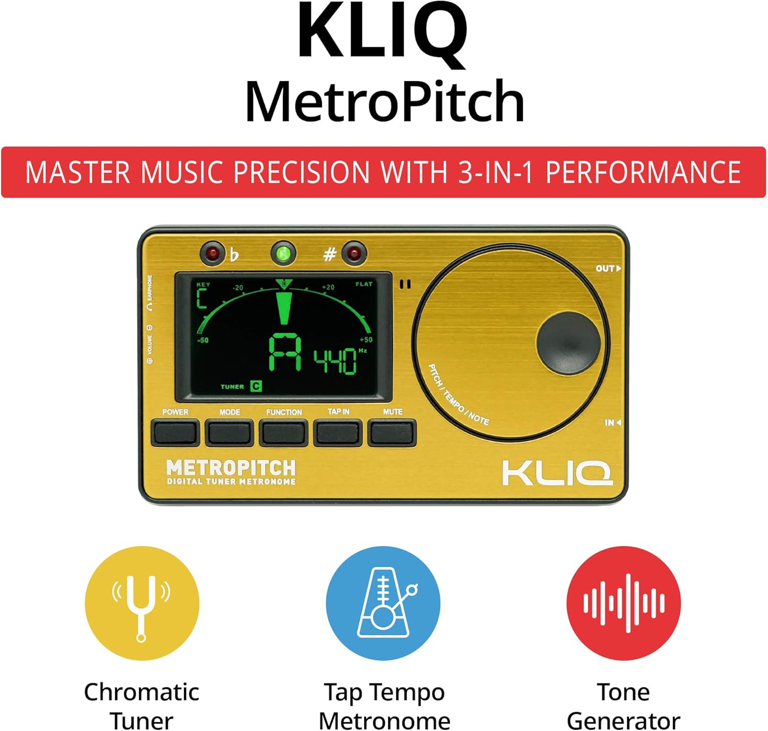 KLIQ MetroPitch - Metronome Tuner for All Instruments - with Guitar, Bass, Violin, Ukulele, and Chromatic Tuning Modes (MetroPitch, Gold) MetroPitch Gold