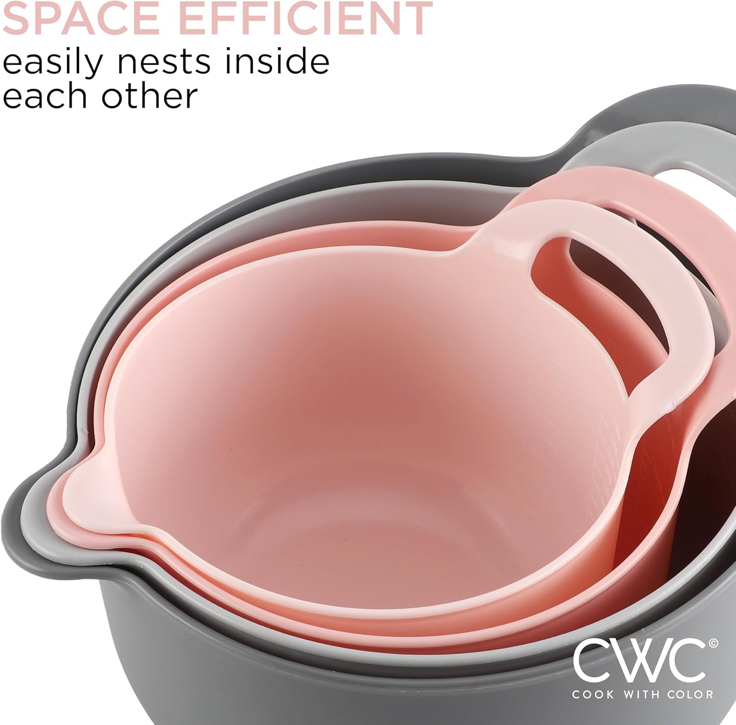 COOK WITH COLOR Nesting Plastic Mixing Bowl Set with Pour Spouts and Handles, Pink, 4 Piece Non-Slip Pink 4 Piece Non-Slip