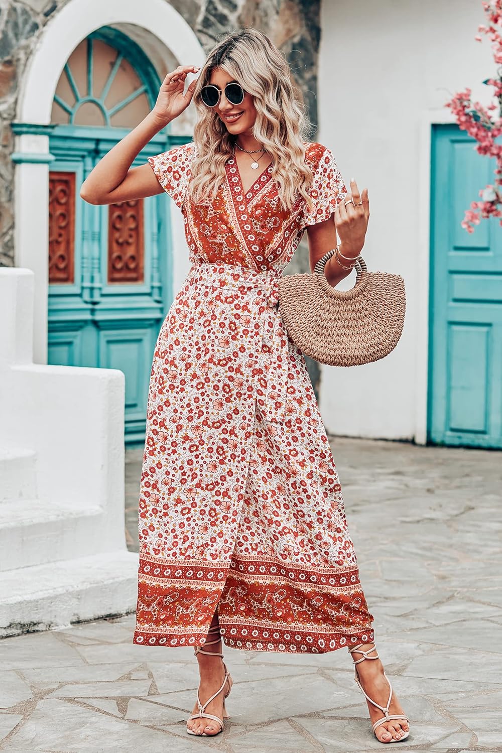 PRETTYGARDEN Women Boho Summer Side Split Deep V Neck Short Sleeves Maxi Dress with Belt Floral Orange Red Medium