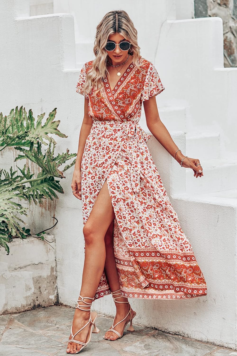 PRETTYGARDEN Women Boho Summer Side Split Deep V Neck Short Sleeves Maxi Dress with Belt Floral Orange Red Medium