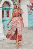 PRETTYGARDEN Women Boho Summer Side Split Deep V Neck Short Sleeves Maxi Dress with Belt Floral Orange Red Medium