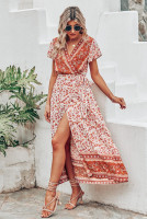 PRETTYGARDEN Women Boho Summer Side Split Deep V Neck Short Sleeves Maxi Dress with Belt Floral Orange Red Medium