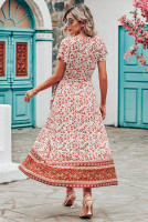 PRETTYGARDEN Women Boho Summer Side Split Deep V Neck Short Sleeves Maxi Dress with Belt Floral Orange Red Medium