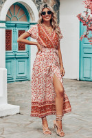 PRETTYGARDEN Women Boho Summer Side Split Deep V Neck Short Sleeves Maxi Dress with Belt Floral Orange Red Medium