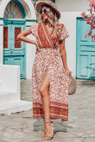 PRETTYGARDEN Women Boho Summer Side Split Deep V Neck Short Sleeves Maxi Dress with Belt Floral Orange Red Medium