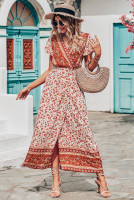 PRETTYGARDEN Women Boho Summer Side Split Deep V Neck Short Sleeves Maxi Dress with Belt Floral Orange Red Medium