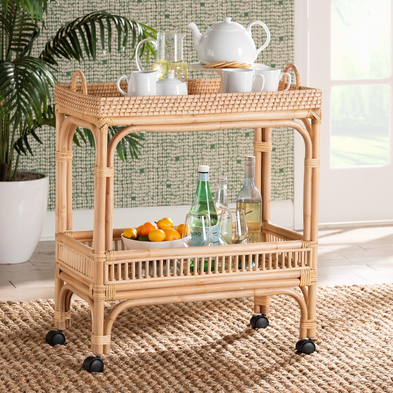 Bali & pari Lombok Modern Bohemian Natural Rattan 2-Tier Wine Cart