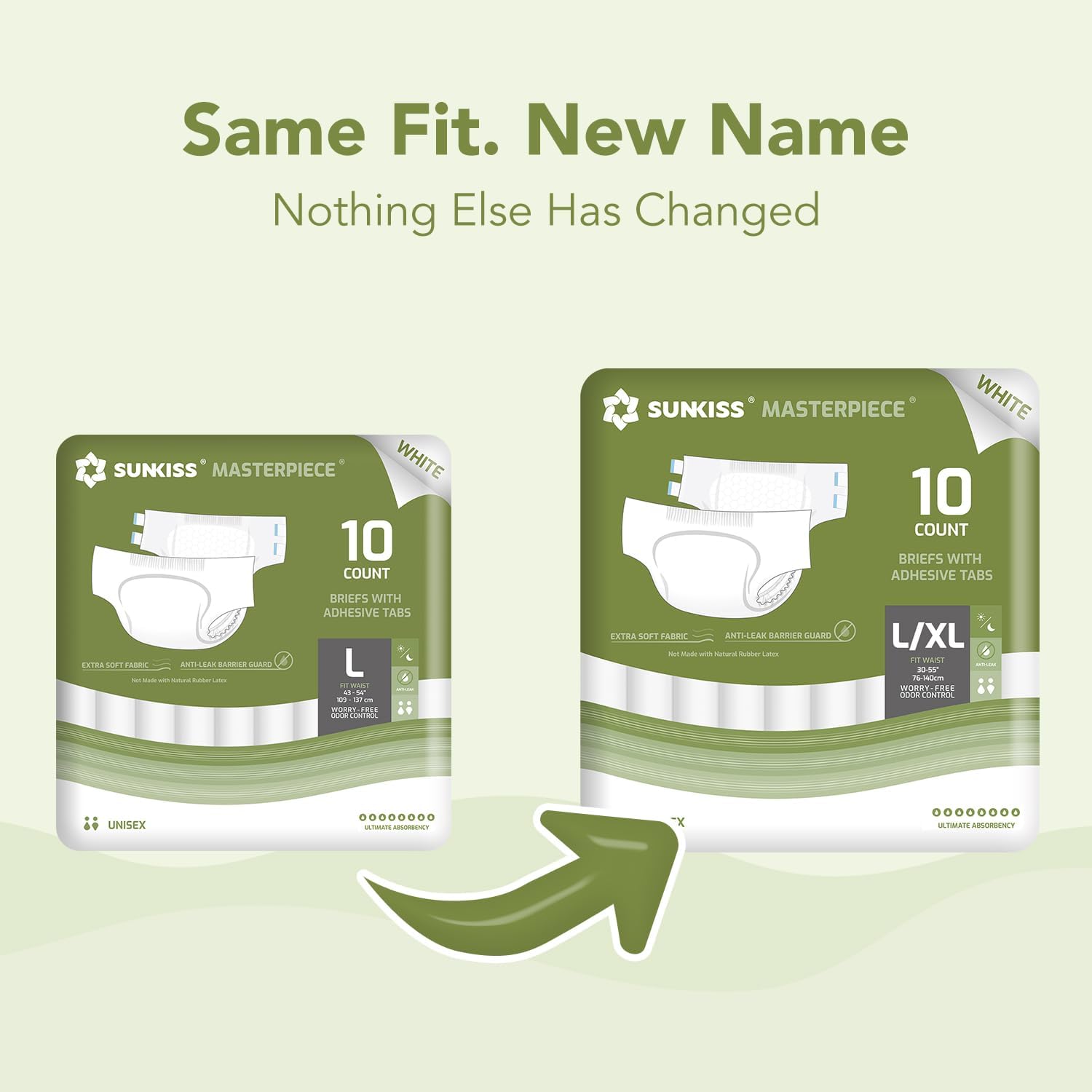 SUNKISS Masterpiece Adult Diapers with Tabs, Unisex Disposable Incontinence Briefs for Women and Men, Odor Control, White, Large/XLarge, Previously Large, 10 Count White L/XL(Pack of 10)