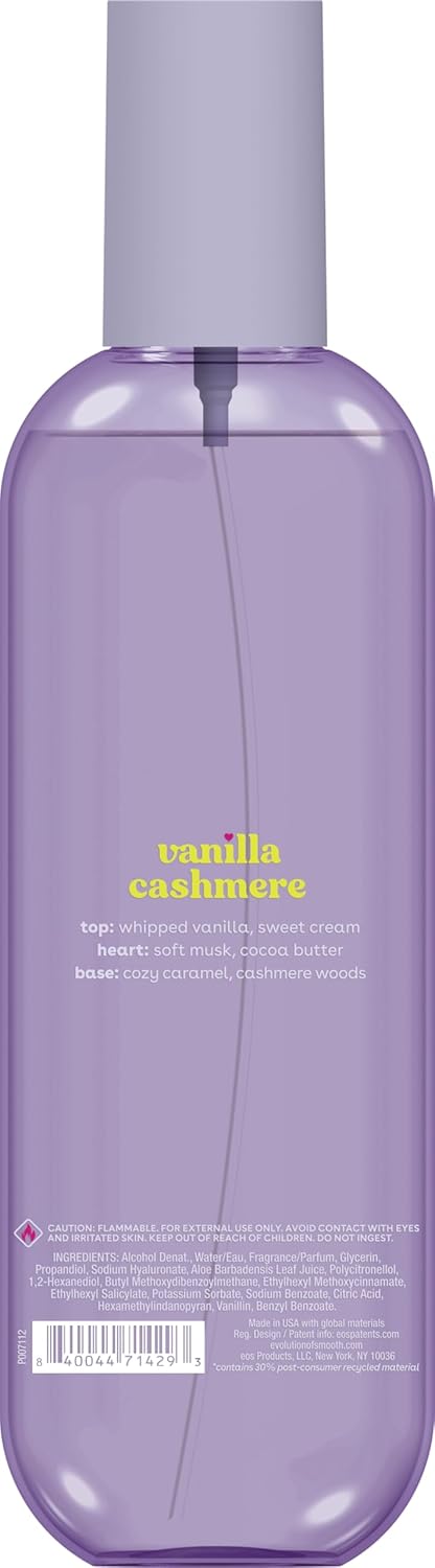 eos Cashmere Body Mist, Vanilla Cashmere, Soft Musk, Cozy Caramel, Hair Mist, Body Spray for Women Moisturizing, Hyaluronic Acid, Vanilla Body Spray, Vegan, Cruelty-free, 6 fl oz