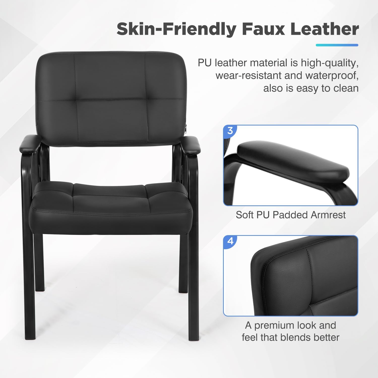 Office Guest Chairs with PU Leather Armrest - Ergonomic Design for Home, Meeting, Conference Rooms, Black 1