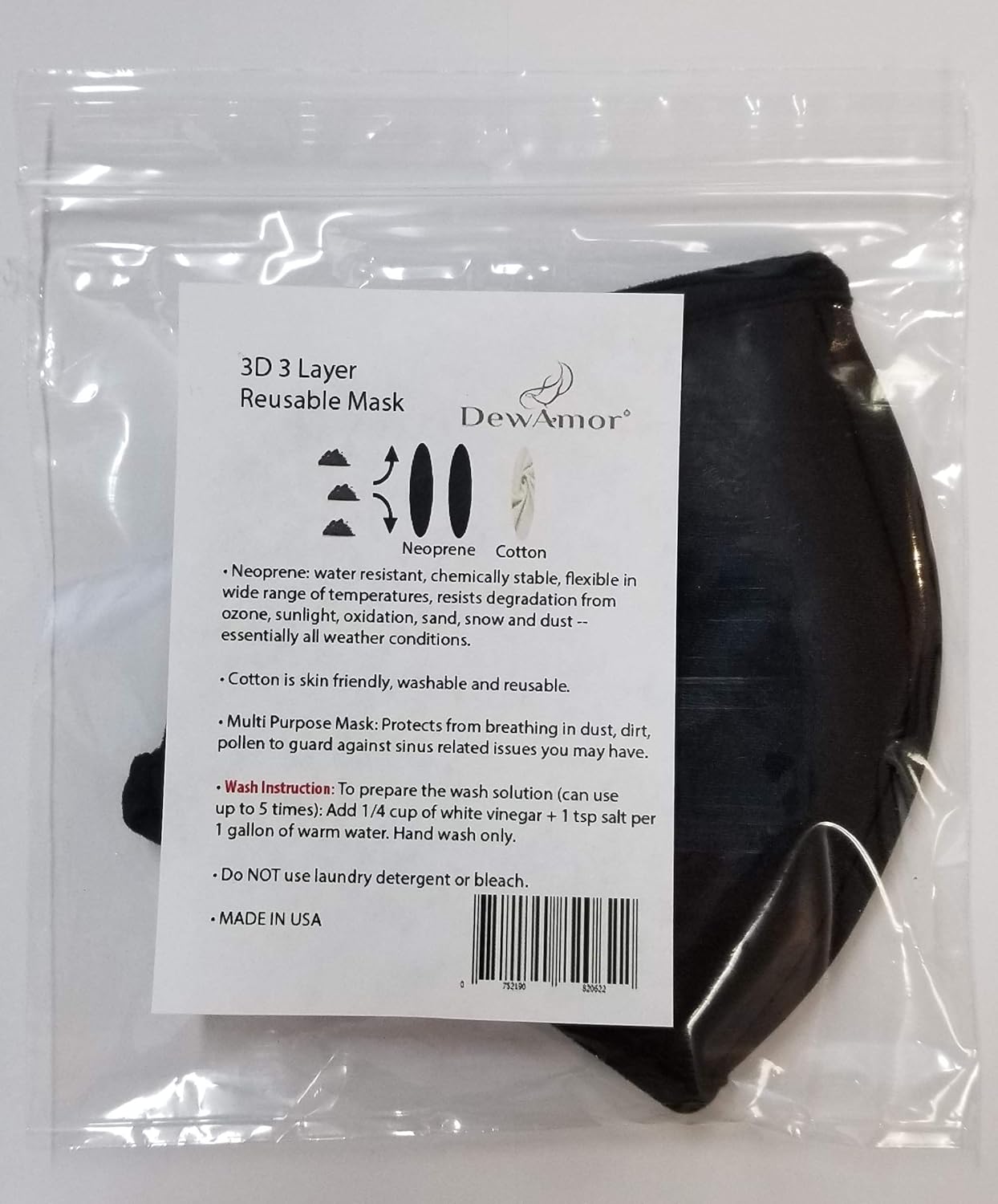 Reusable, Washable Neoprene/Cotton Face Mask Protection from Dust, Pollen, Pet Dander and other Airborne Irritants(Black)