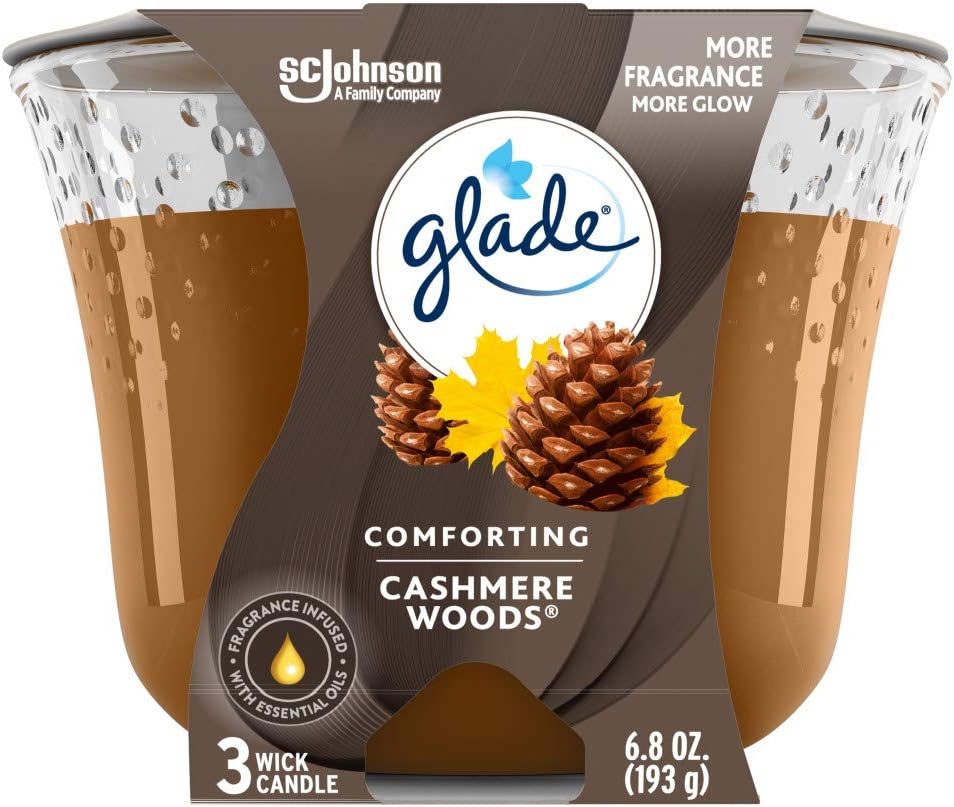 Glade Candle Cashmere Woods, Fragrance Candle Infused with Essential Oils, Air Freshener Candle, 3-Wick Candle, 6.8 Oz, 3 Count
