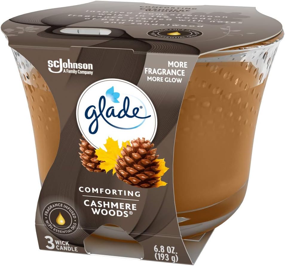 Glade Candle Cashmere Woods, Fragrance Candle Infused with Essential Oils, Air Freshener Candle, 3-Wick Candle, 6.8 Oz, 3 Count