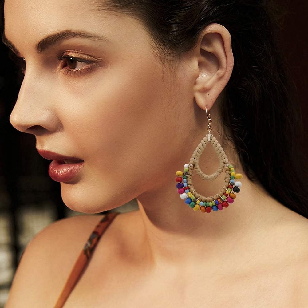 Bohemian Rattan Wooden Beads Handmade Circle/Teardrop Earrings Dangle Drop Jewelry for Women Colorful