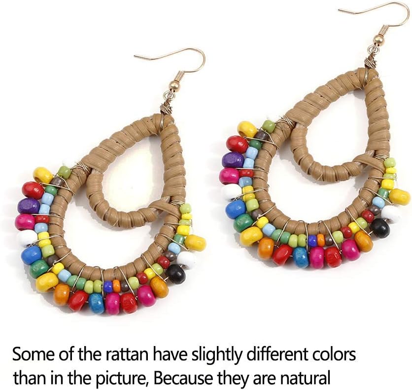 Bohemian Rattan Wooden Beads Handmade Circle/Teardrop Earrings Dangle Drop Jewelry for Women Colorful