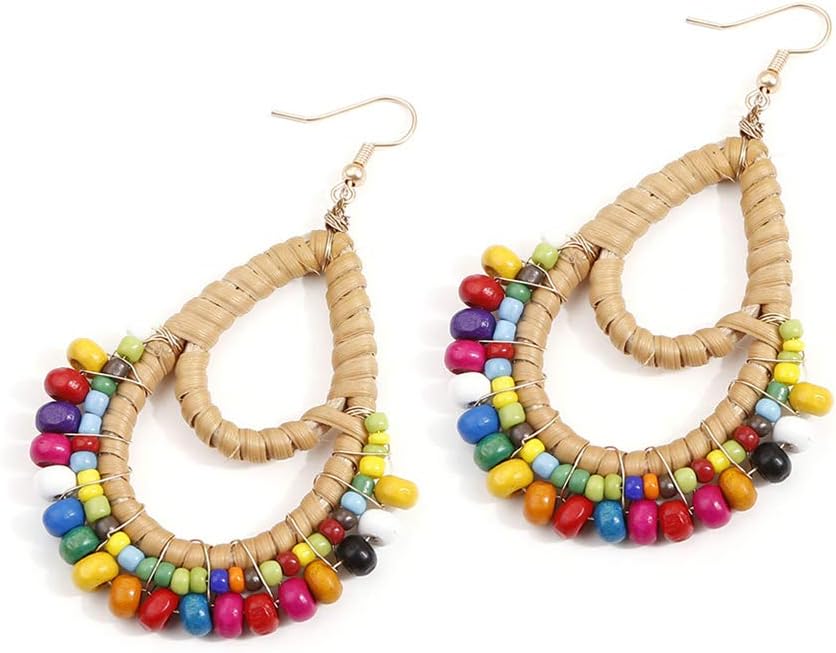 Bohemian Rattan Wooden Beads Handmade Circle/Teardrop Earrings Dangle Drop Jewelry for Women Colorful