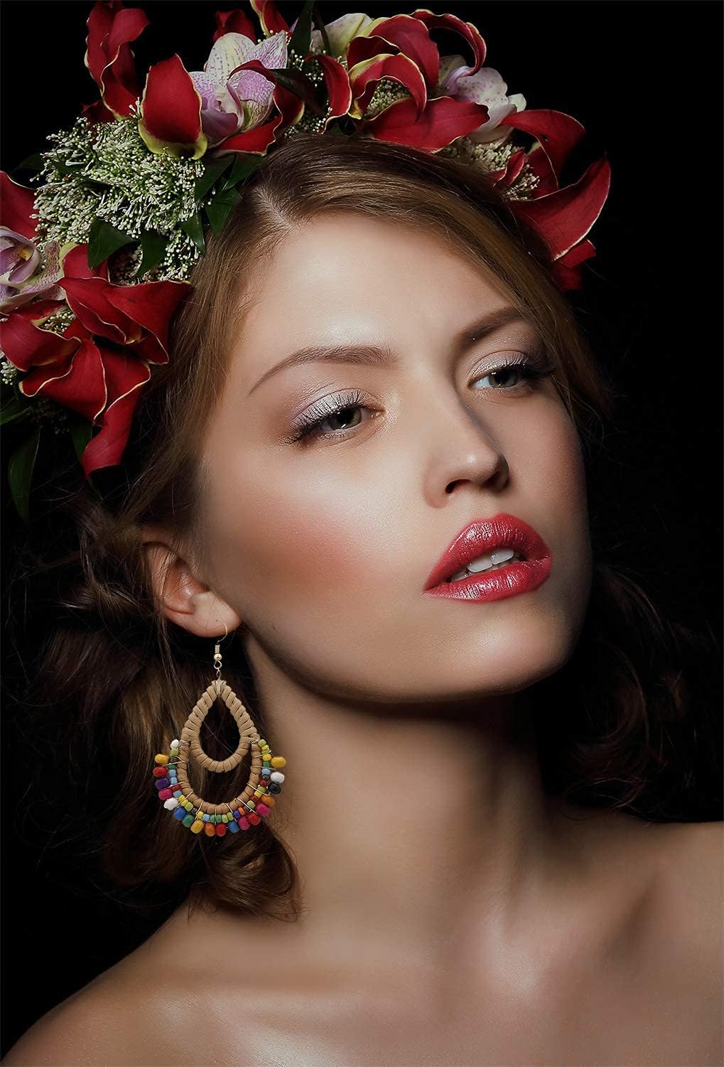 Bohemian Rattan Wooden Beads Handmade Circle/Teardrop Earrings Dangle Drop Jewelry for Women Colorful