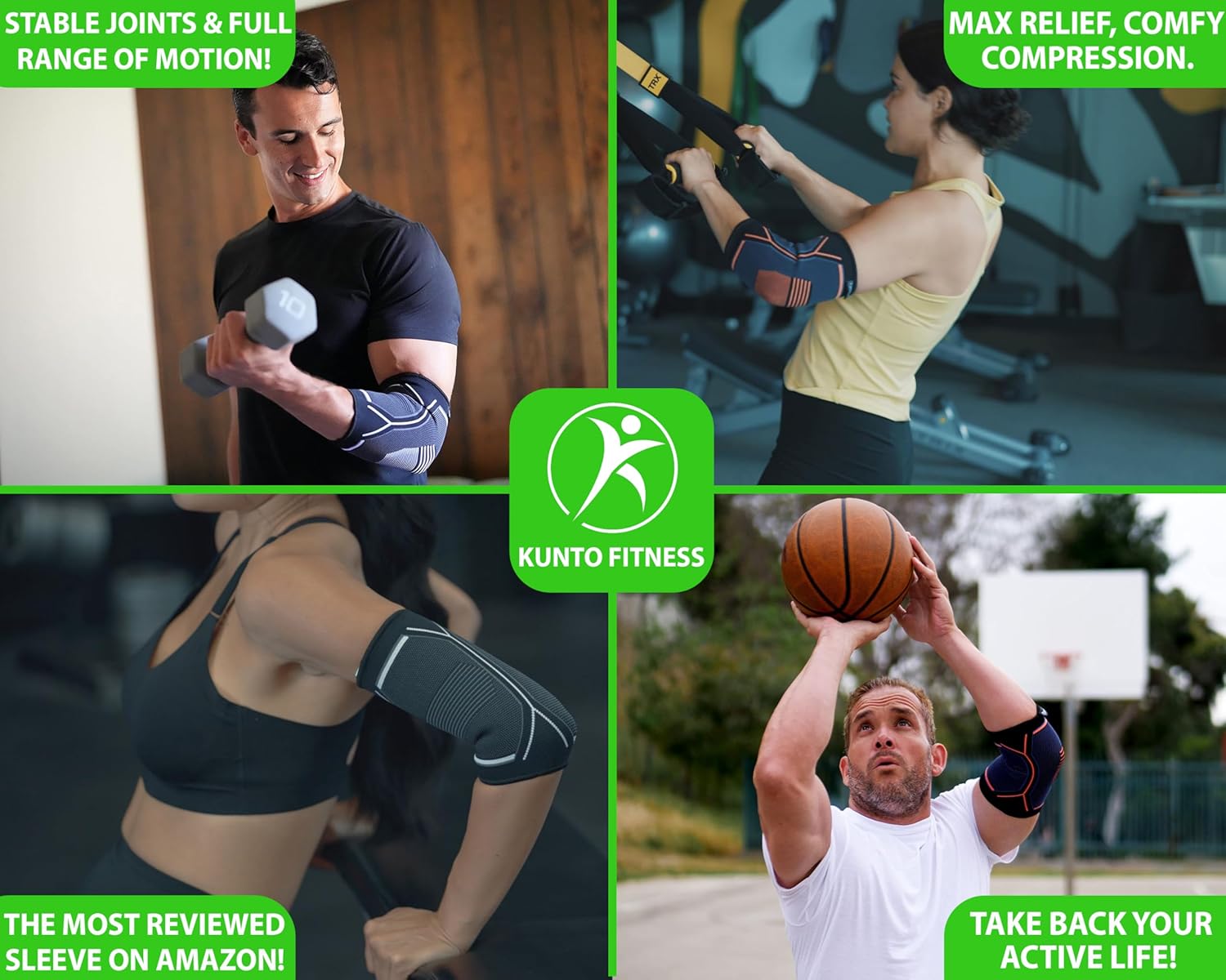 Kunto Fitness Elbow Brace Compression Support Sleeve (Shipped From USA) for Tendonitis, Tennis Elbow, Golf Elbow Treatment - Reduce Joint Pain During Any Activity! Large Multi-colored