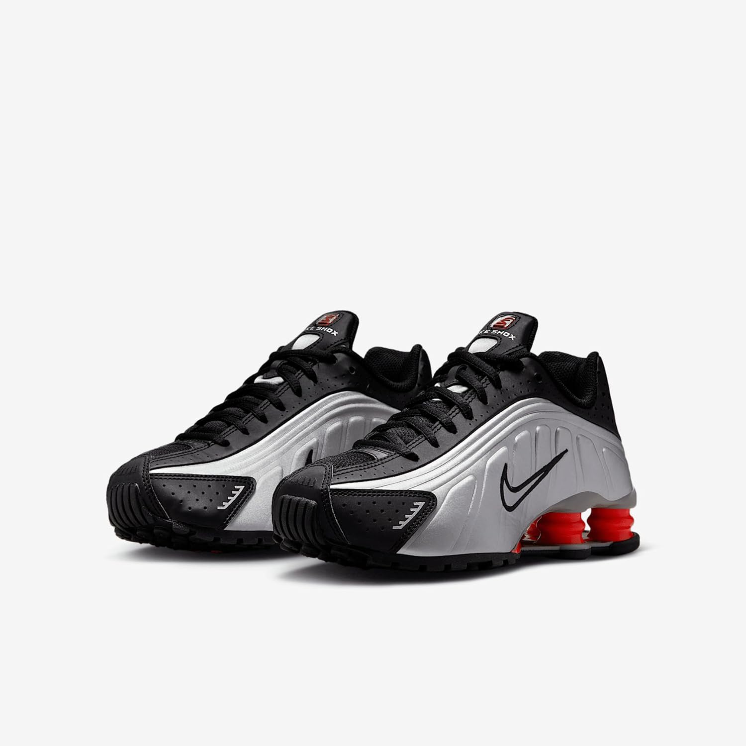Nike Shox R4 Big Kids' Shoes (CW2626-005, Metallic Silver/Black/Picante Red/Metallic Silver) Size 6